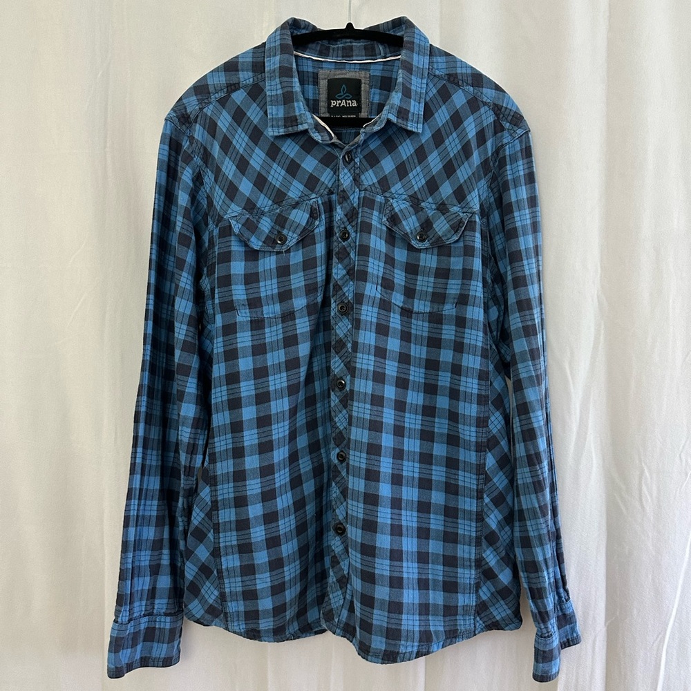 Prana Blue Long Sleeve Button Up Flannel Mens Size XL